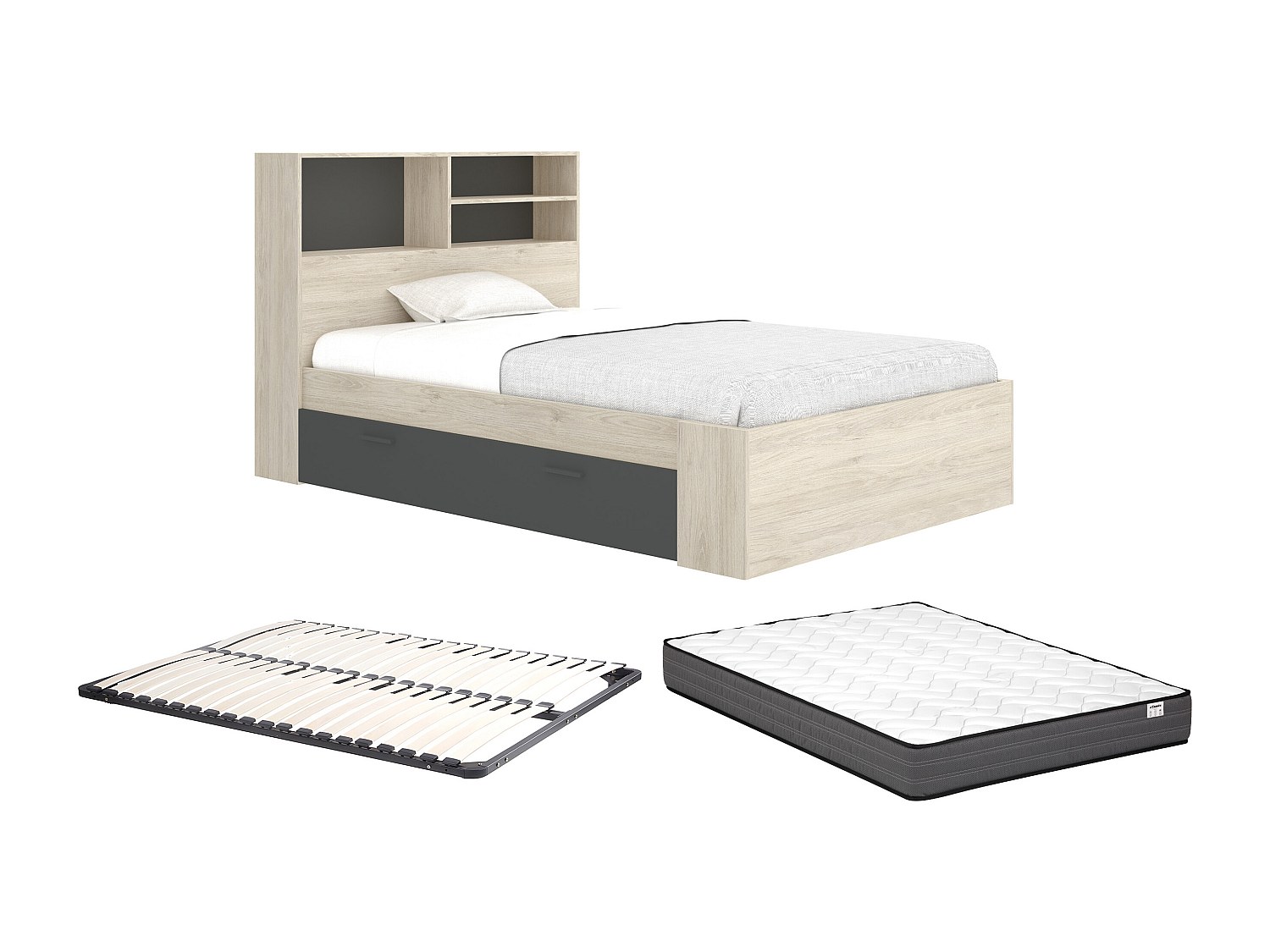 Bett 120 x 190 cm mit Stauraum - Natur & anthrazit + Lattenrost + Matratze günstig online kaufen