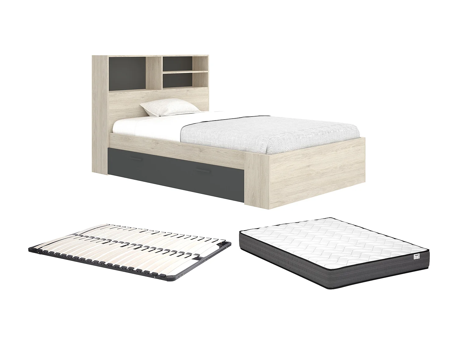 Seng 120 x 190 cm med oppbevaring - Farge: Naturlig og antrasitt + Sengebunn + Madrass - VARDIEL