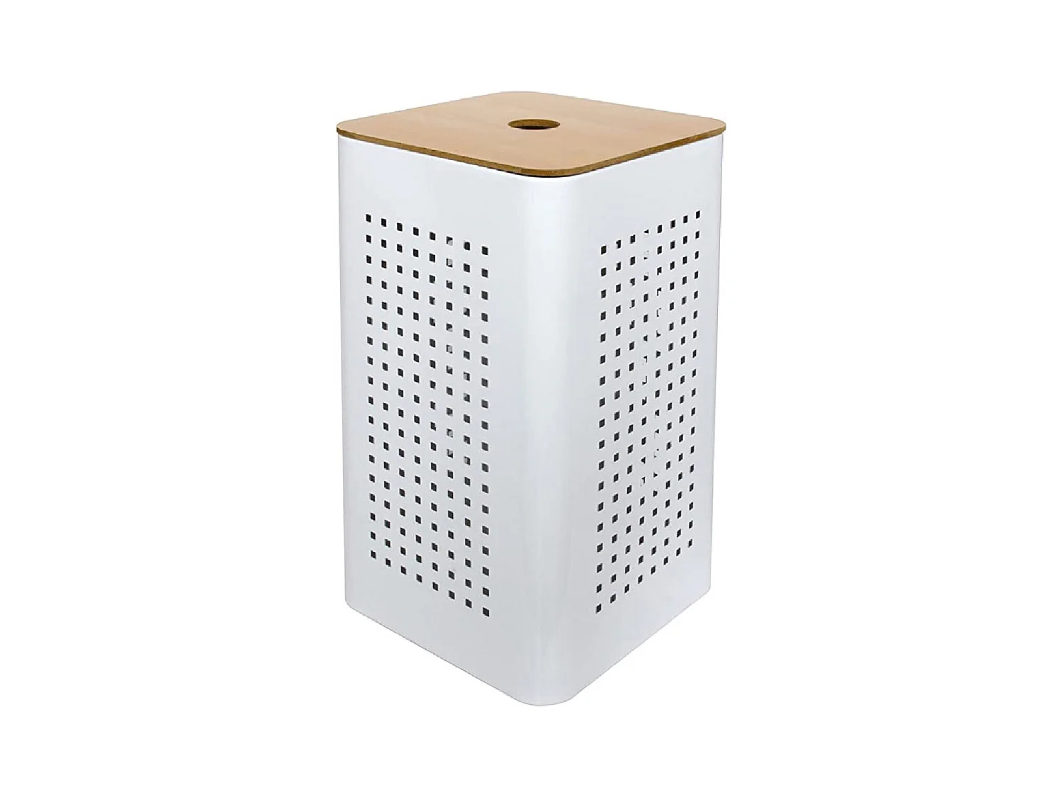 Cesto de ropa de metal blanco con tapa de madera