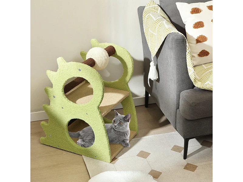 2-stufiger moderner Kratzbaum für Wohnungskatzen niedlicher dinosaurierförmiger Katzenturm Grün