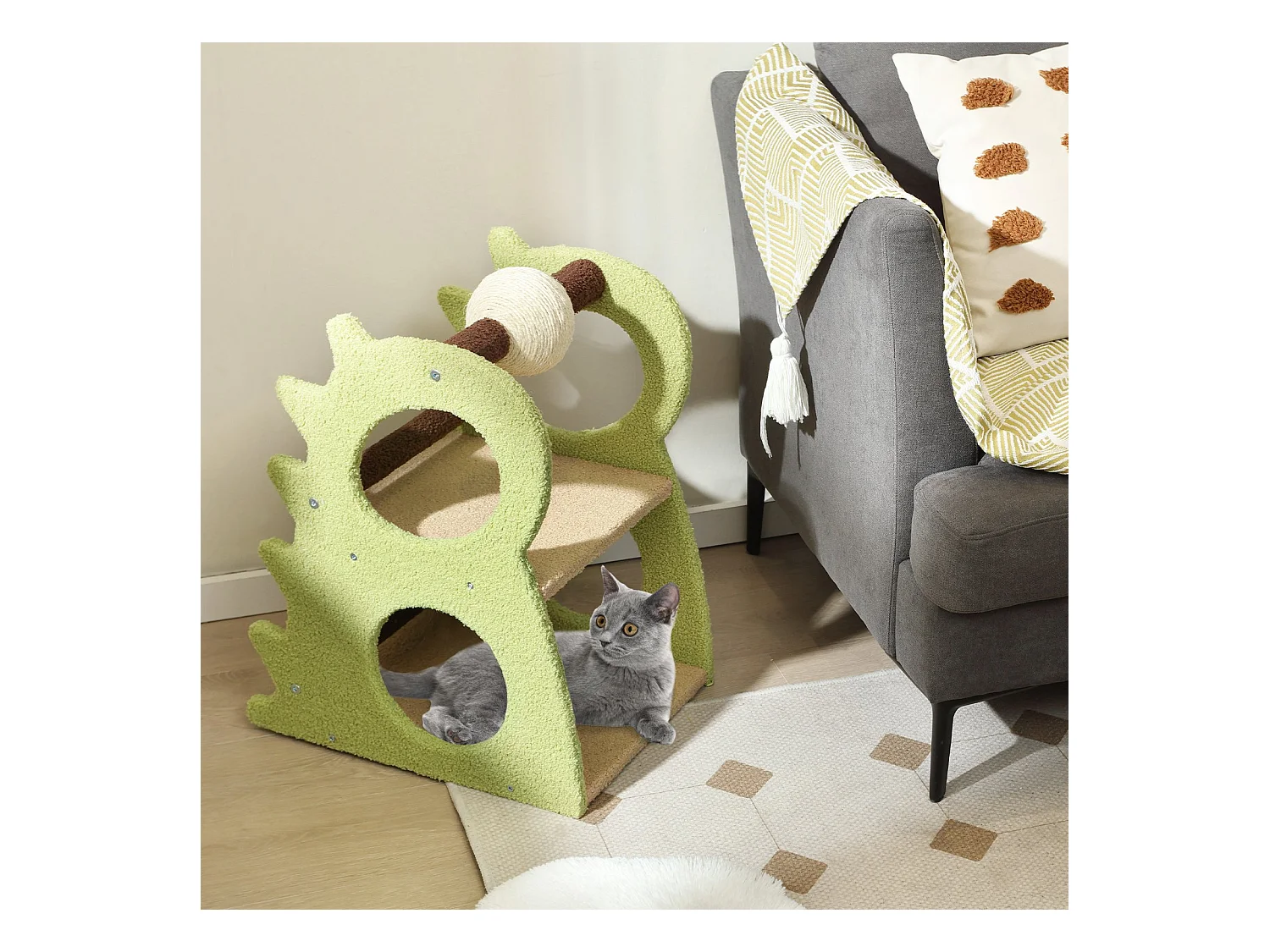 Arbre à chat moderne à 2 niveaux pour chats d'appartement adorable tour pour chats en forme de dinosaure Vert