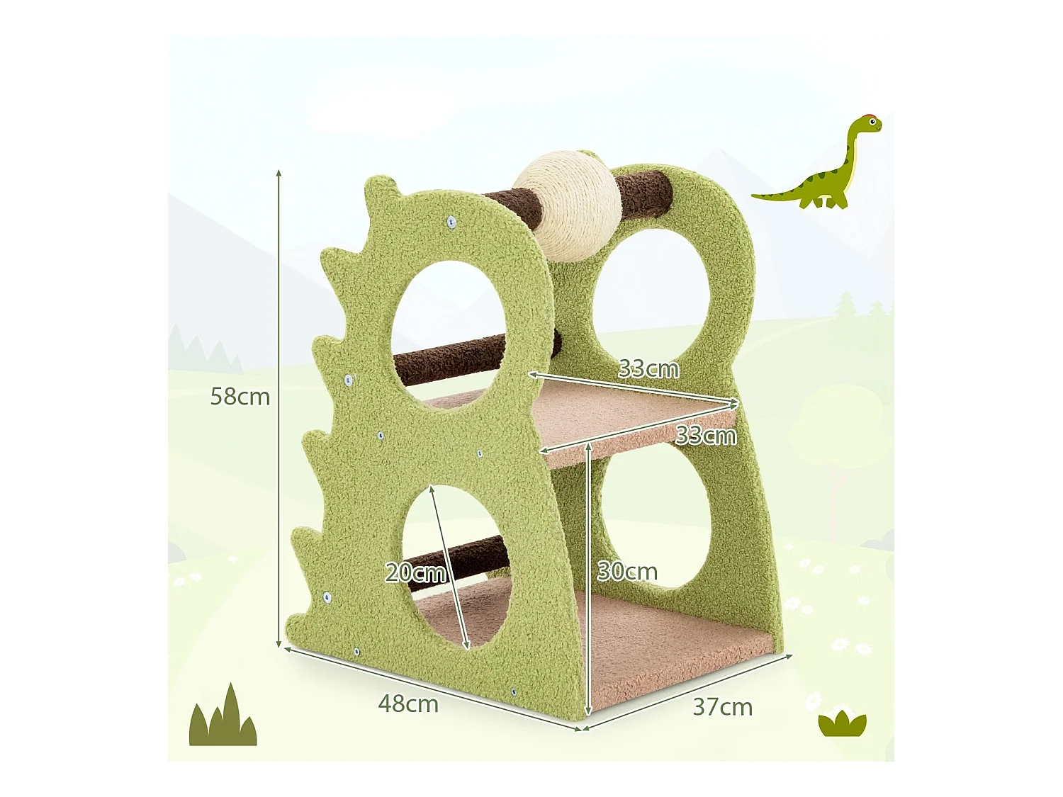Arbre à chat moderne à 2 niveaux pour chats d'appartement adorable tour pour chats en forme de dinosaure Vert