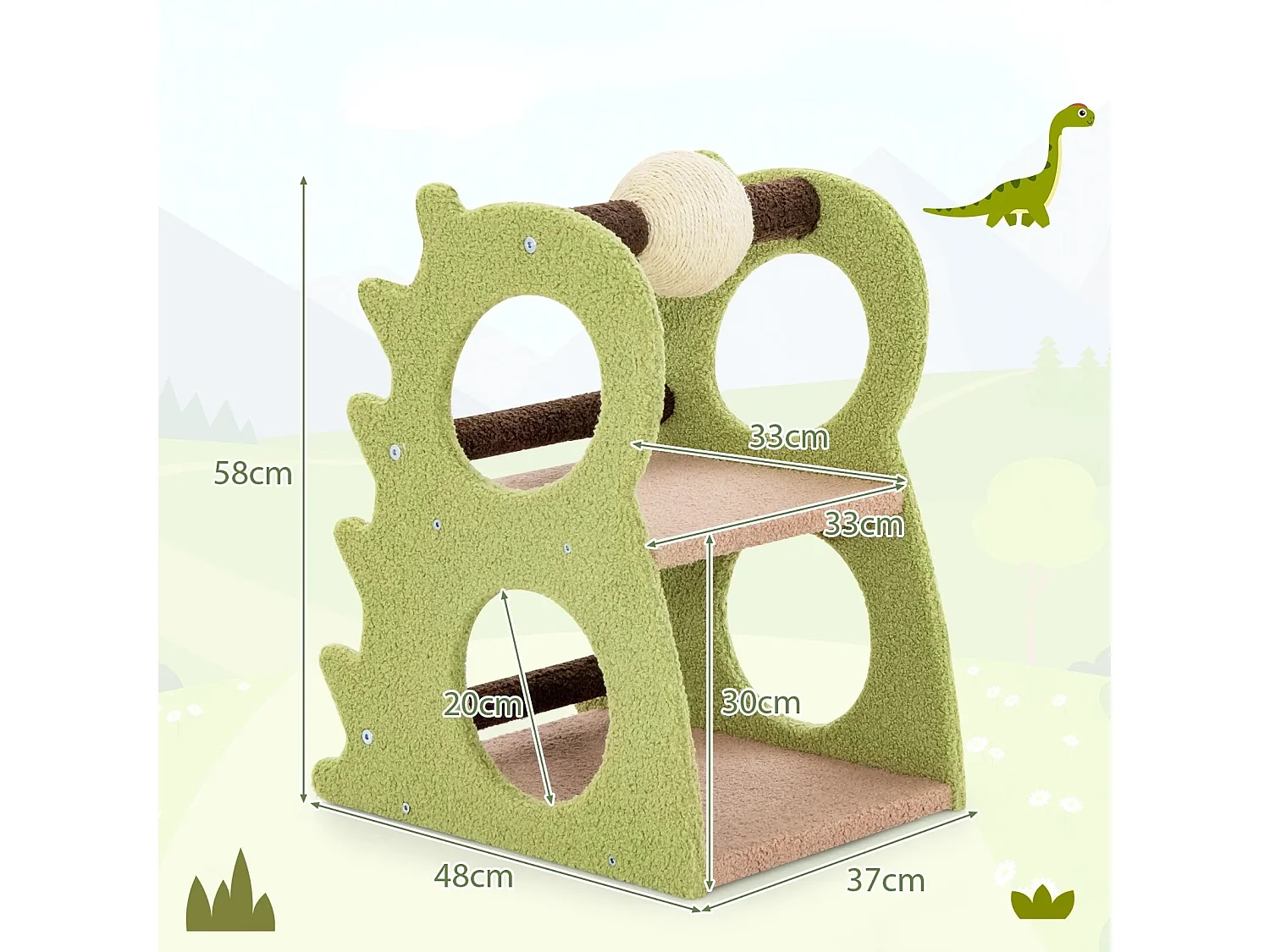 Tiragraffi moderno a 2 livelli per gatti da interno simpatica torre per gatti a forma di dinosauro verde