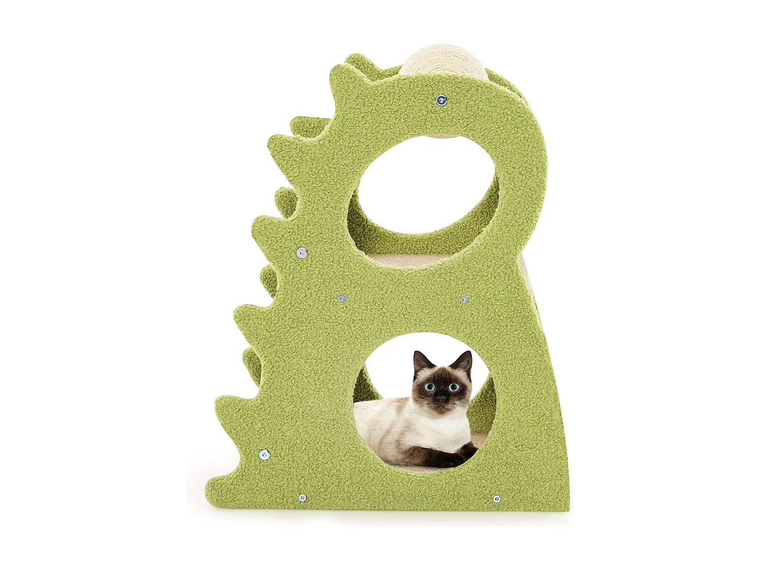 Tiragraffi moderno a 2 livelli per gatti da interno simpatica torre per gatti a forma di dinosauro verde