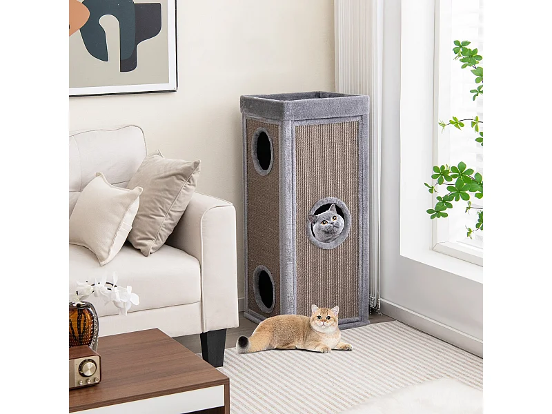 Casetta per gatti a 4 piani alta 99 cm con tiragraffi 3 nascondigli Grigio