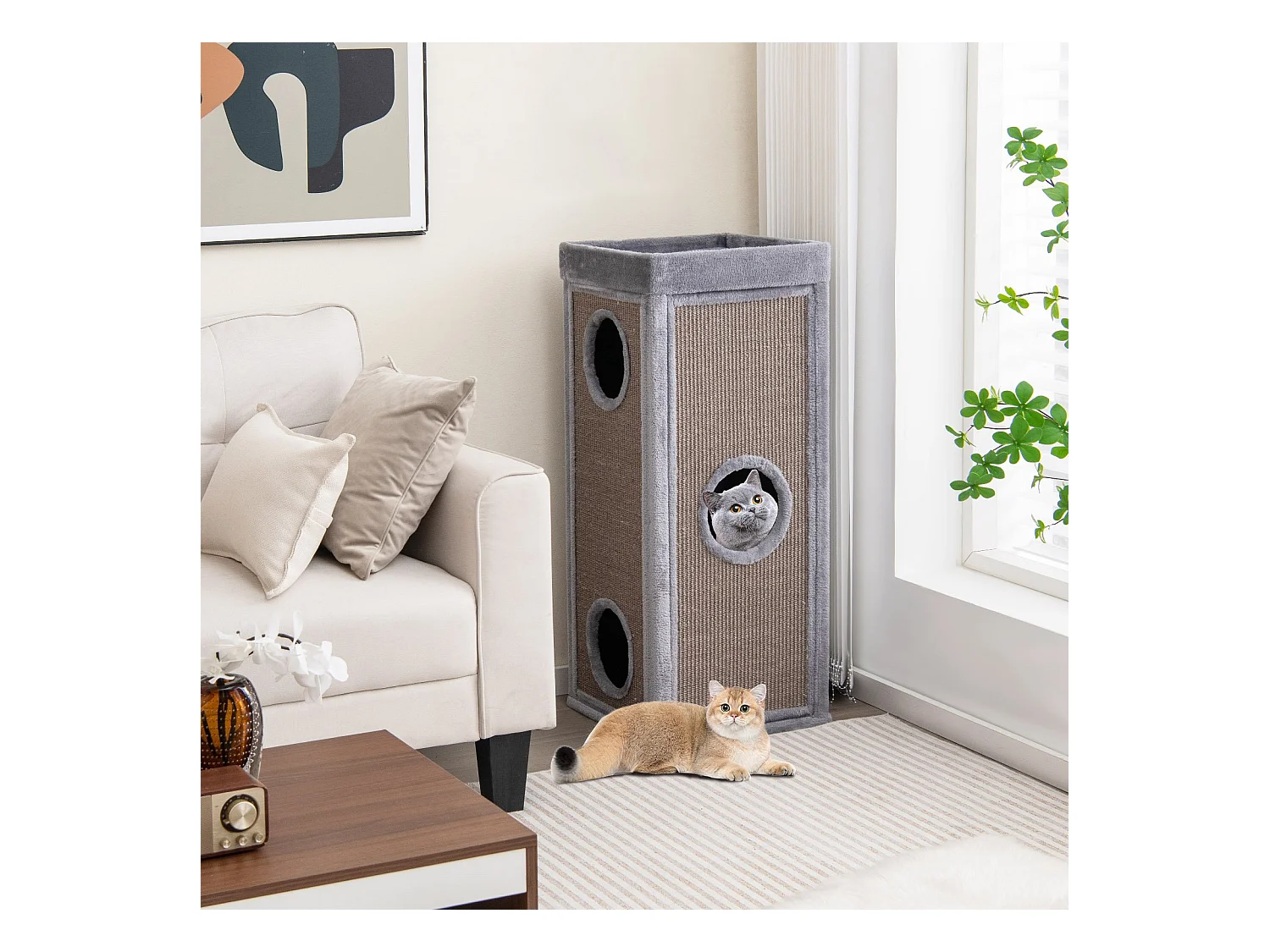4-stöckiges Katzenhaus 99 cm hoher Katzen-Kondominium mit Kratzpfosten 3 Verstecken Grau