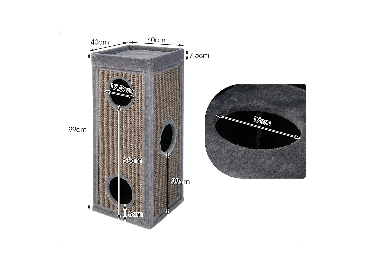 4-stöckiges Katzenhaus 99 cm hoher Katzen-Kondominium mit Kratzpfosten 3 Verstecken Grau