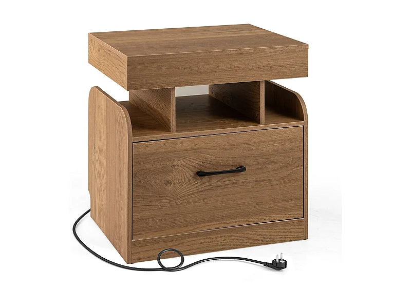 Table de nuit avec station de recharge & tiroir & compartiments ouverts Table d'appoint Table de nuit nature