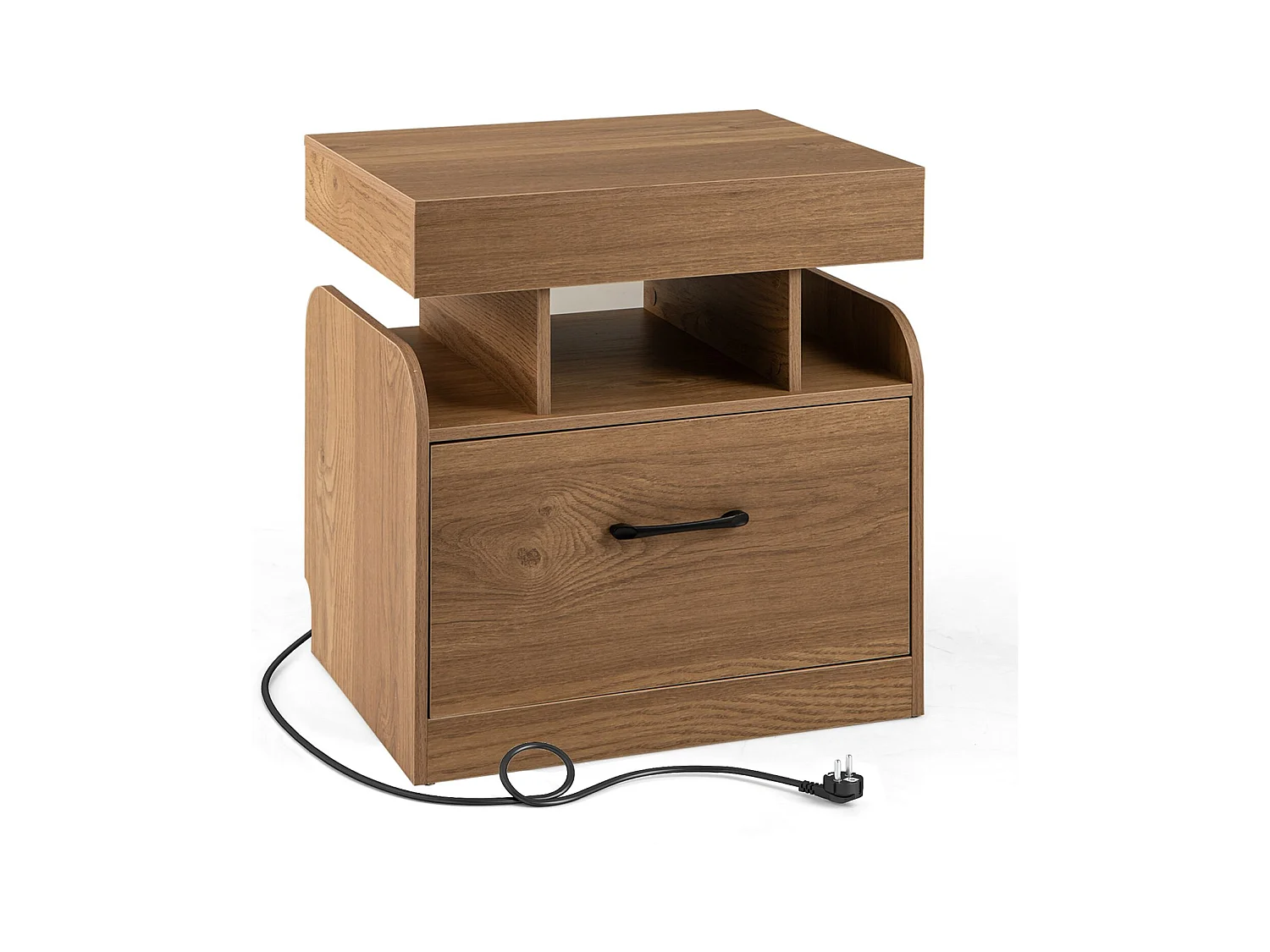 Comodino con stazione di ricarica, cassetto e vani a giorno Tavolino Comodino natura