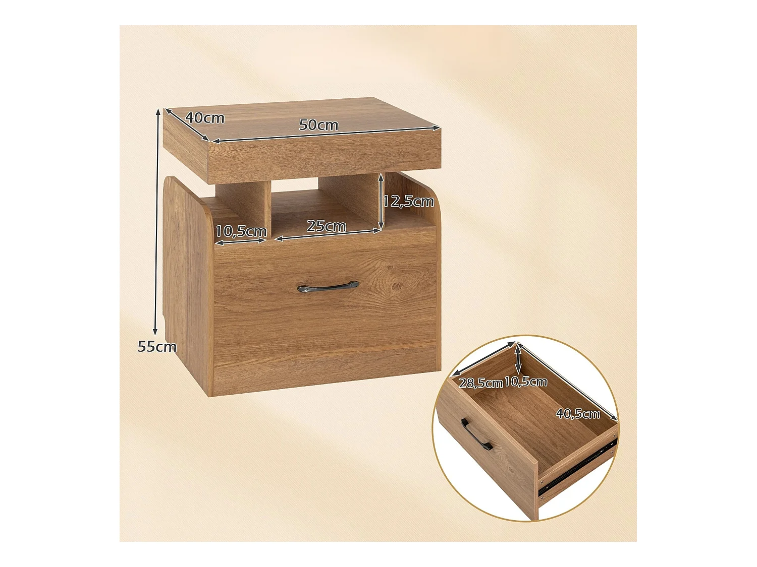Comodino con stazione di ricarica, cassetto e vani a giorno Tavolino Comodino natura