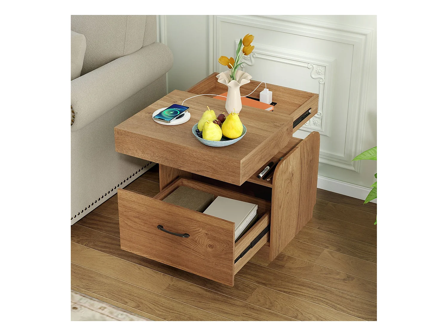 Comodino con stazione di ricarica, cassetto e vani a giorno Tavolino Comodino natura