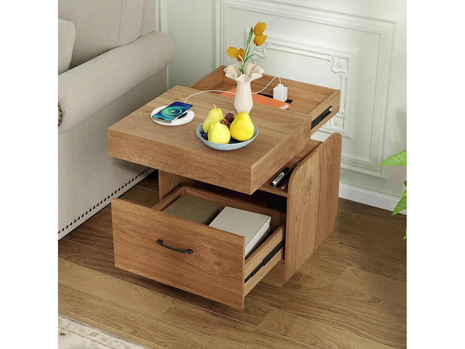 Nachttisch mit Ladestation & Schublade & Offenen Fächern Beistelltisch Nachtschrank Natur