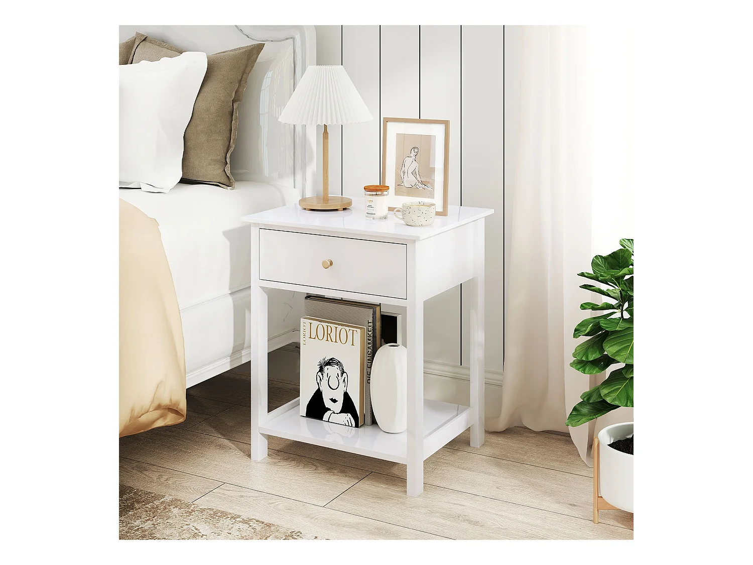 Nachttisch mit Schublade & Offenem Regal Beistelltisch Nachtschrank Nachtkonsole Weiß