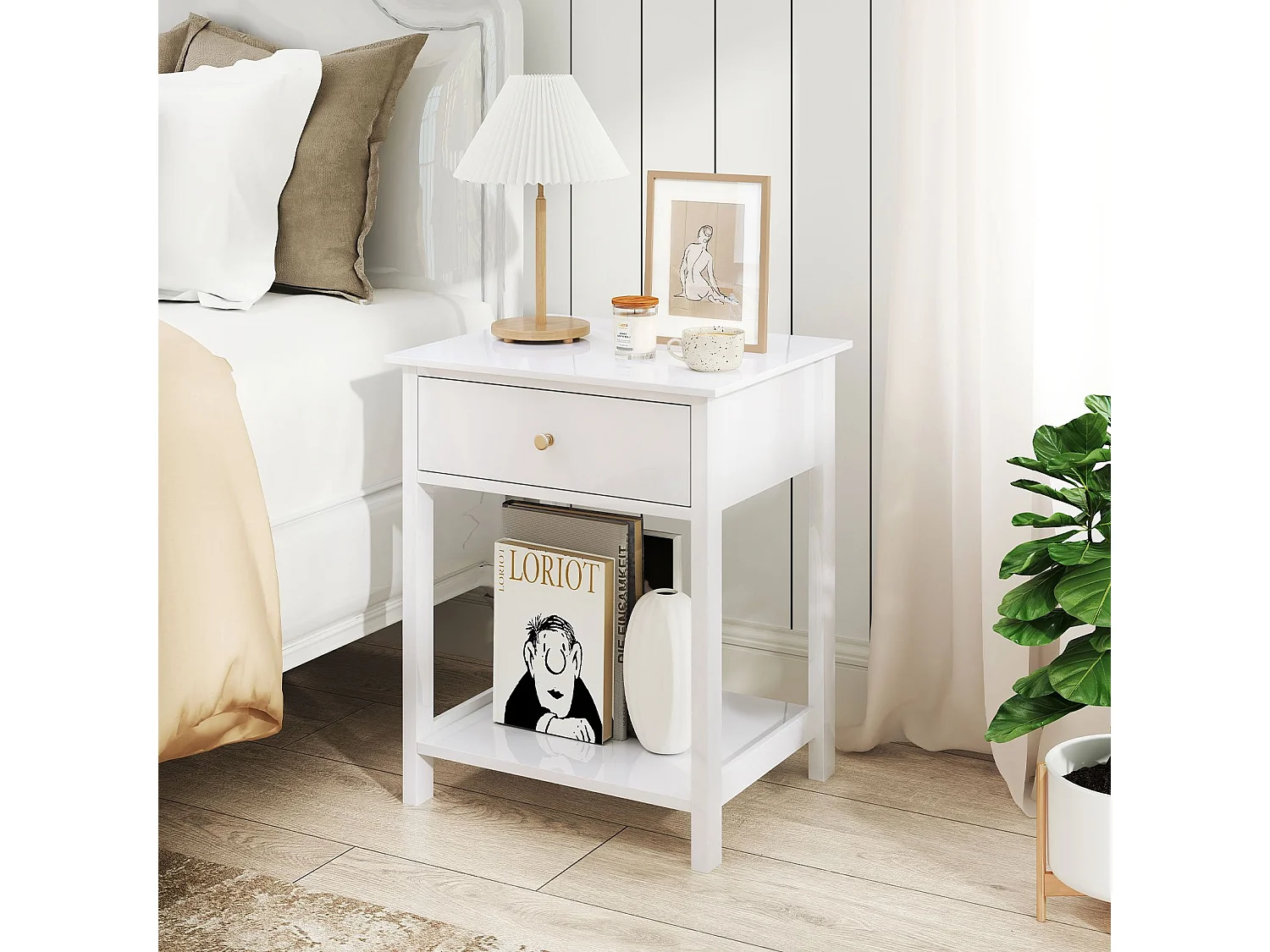 Comodino con cassetto e ripiano aperto Tavolino Comodino Consolle da letto Bianco