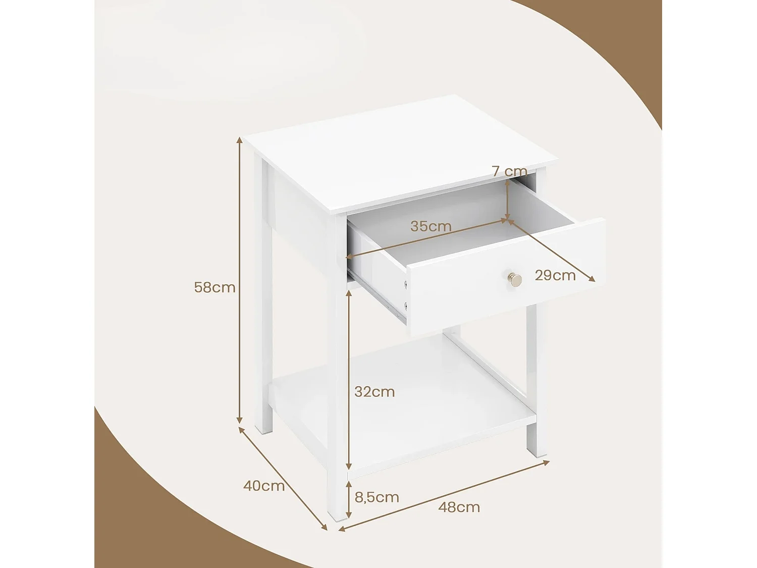 Comodino con cassetto e ripiano aperto Tavolino Comodino Consolle da letto Bianco