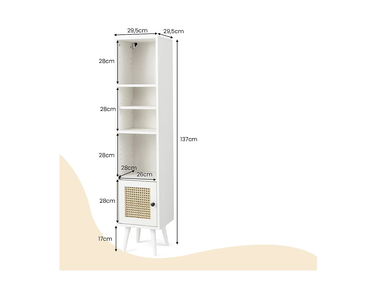 Hochschrank aus natürlichem Rattan freistehendes schmales Ablageregal mit Rattantür Weiß