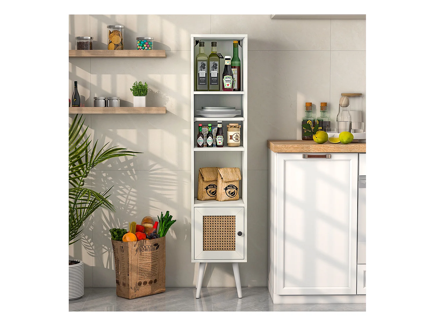 Hochschrank aus natürlichem Rattan freistehendes schmales Ablageregal mit Rattantür Weiß