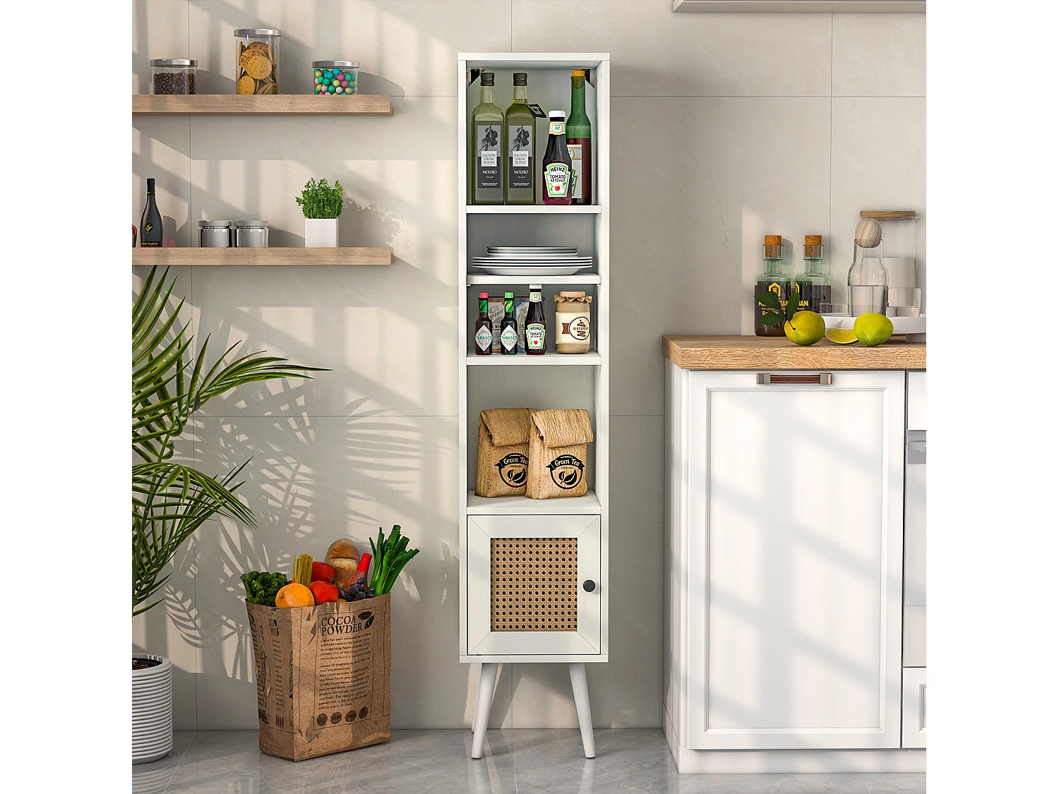 Hochschrank aus natürlichem Rattan freistehendes schmales Ablageregal mit Rattantür Weiß