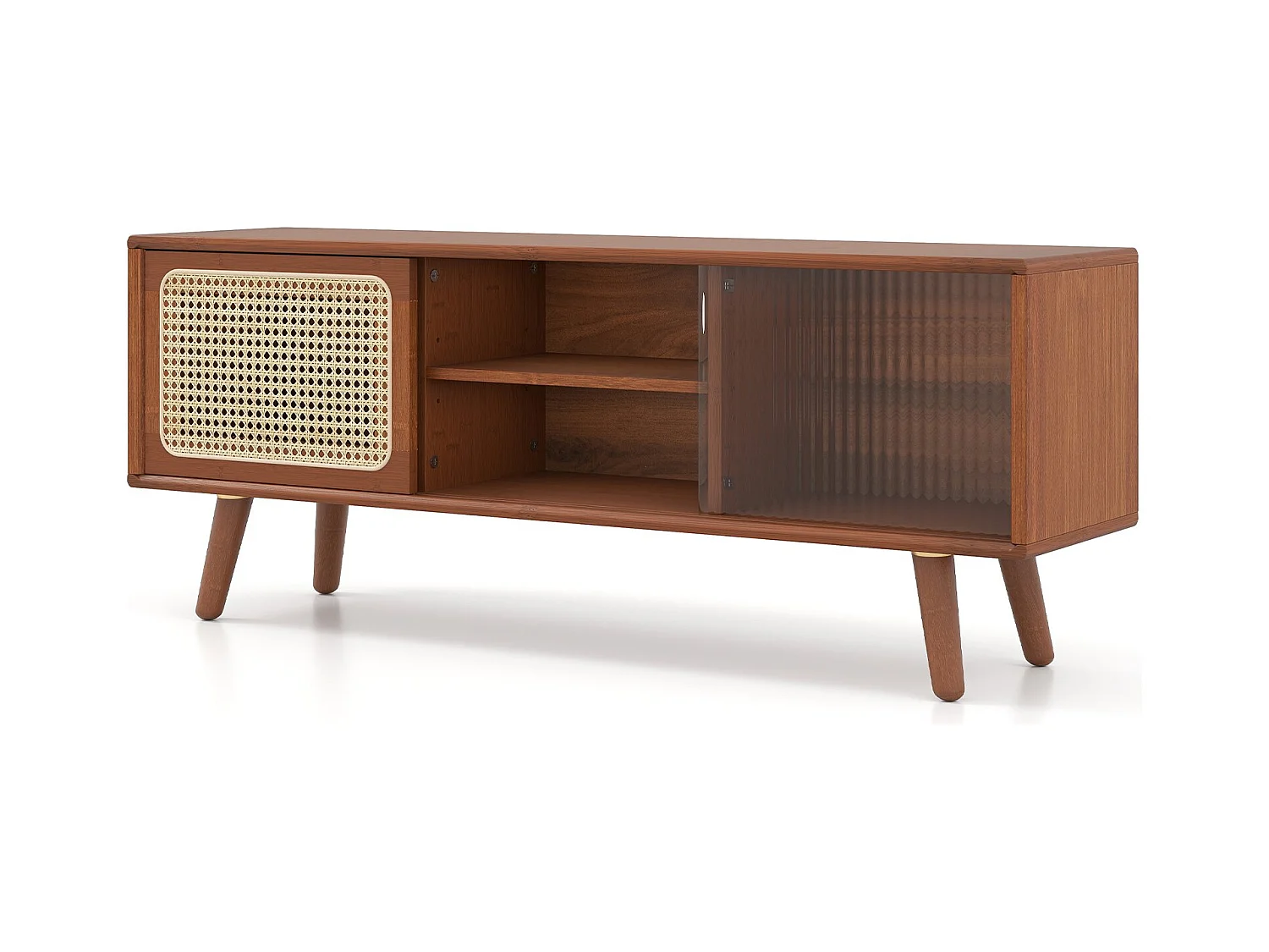 Mobile TV in bambù con porta scorrevole in rattan e vetro Tavolino TV Mobile TV marrone