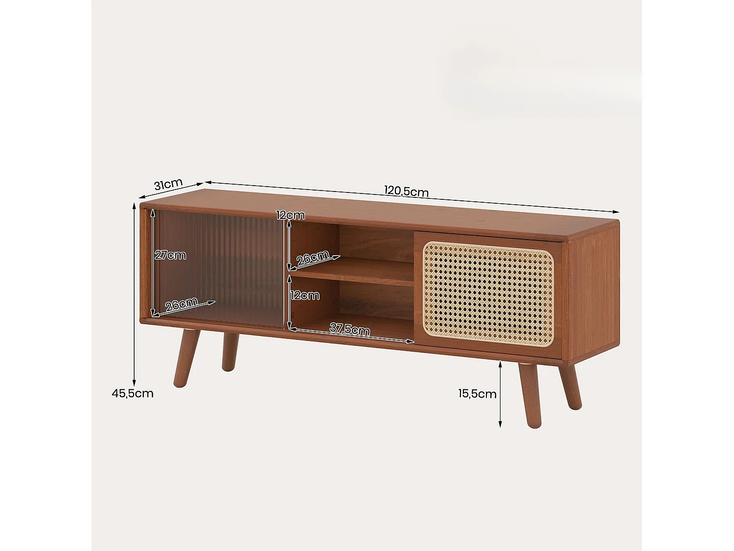 Bamboo Armoire TV avec porte coulissante en rotin et verre TV Lowboard Table TV Armoire TV Marron