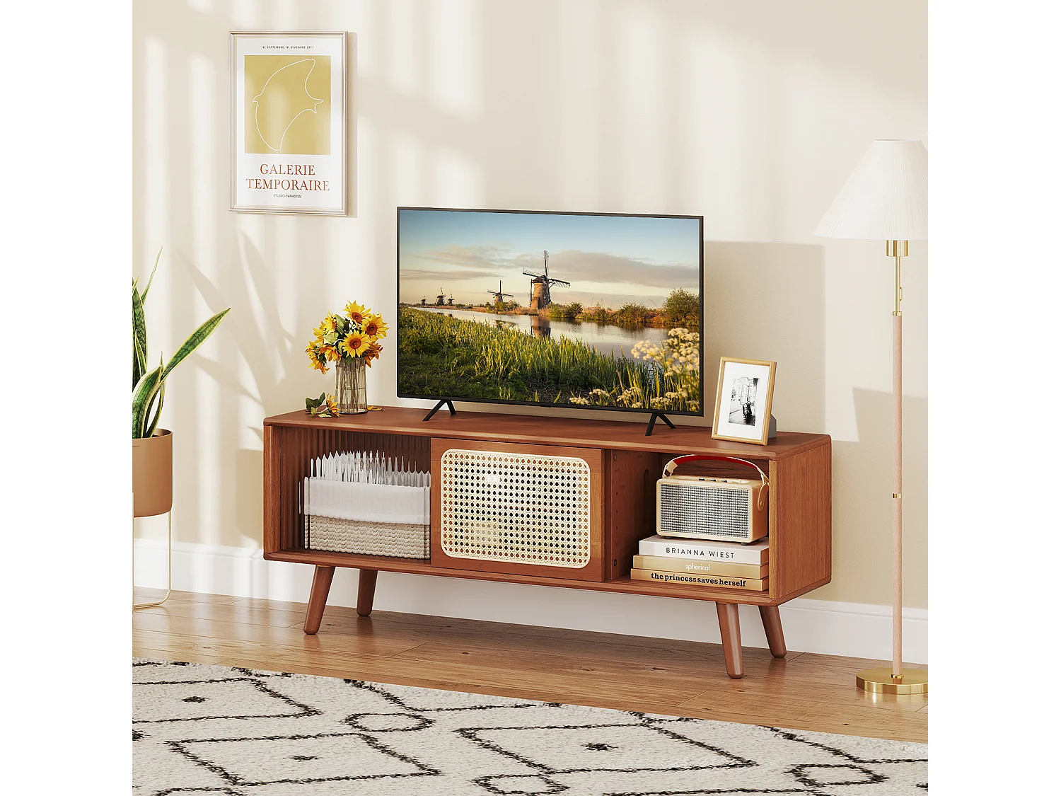 Bamboo Armoire TV avec porte coulissante en rotin et verre TV Lowboard Table TV Armoire TV Marron