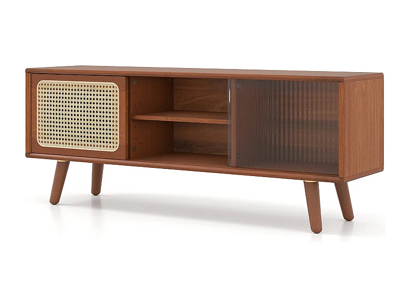 Bambus TV Schrank mit Rattan- & Glasschiebetür TV Lowboard Fernsehtisch Fernsehschrank Braun