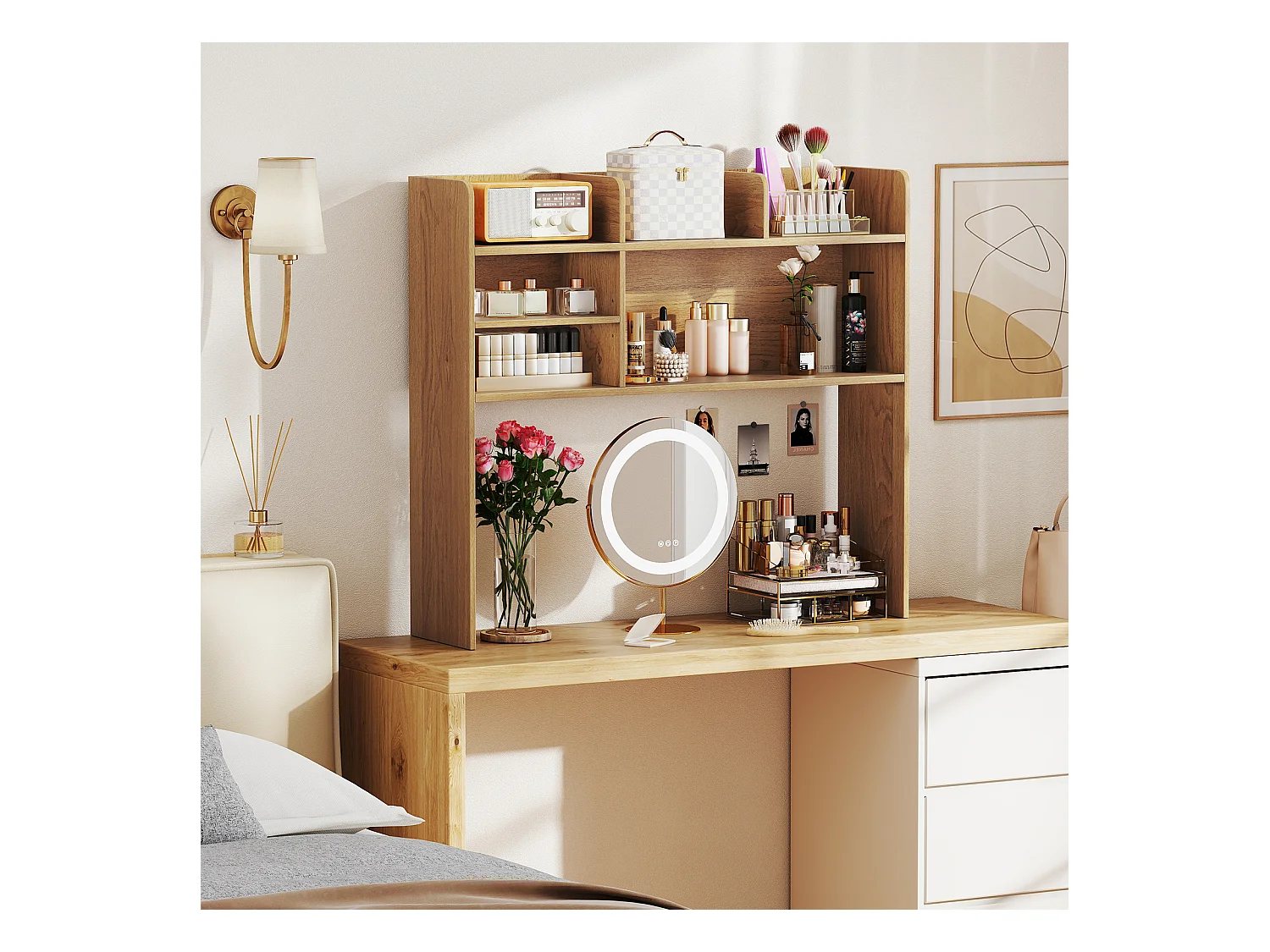 Organizzatore da banco con 6 ripiani da scrivania a 3 livelli per computer, Scaffale da scrivania da toilette Naturale