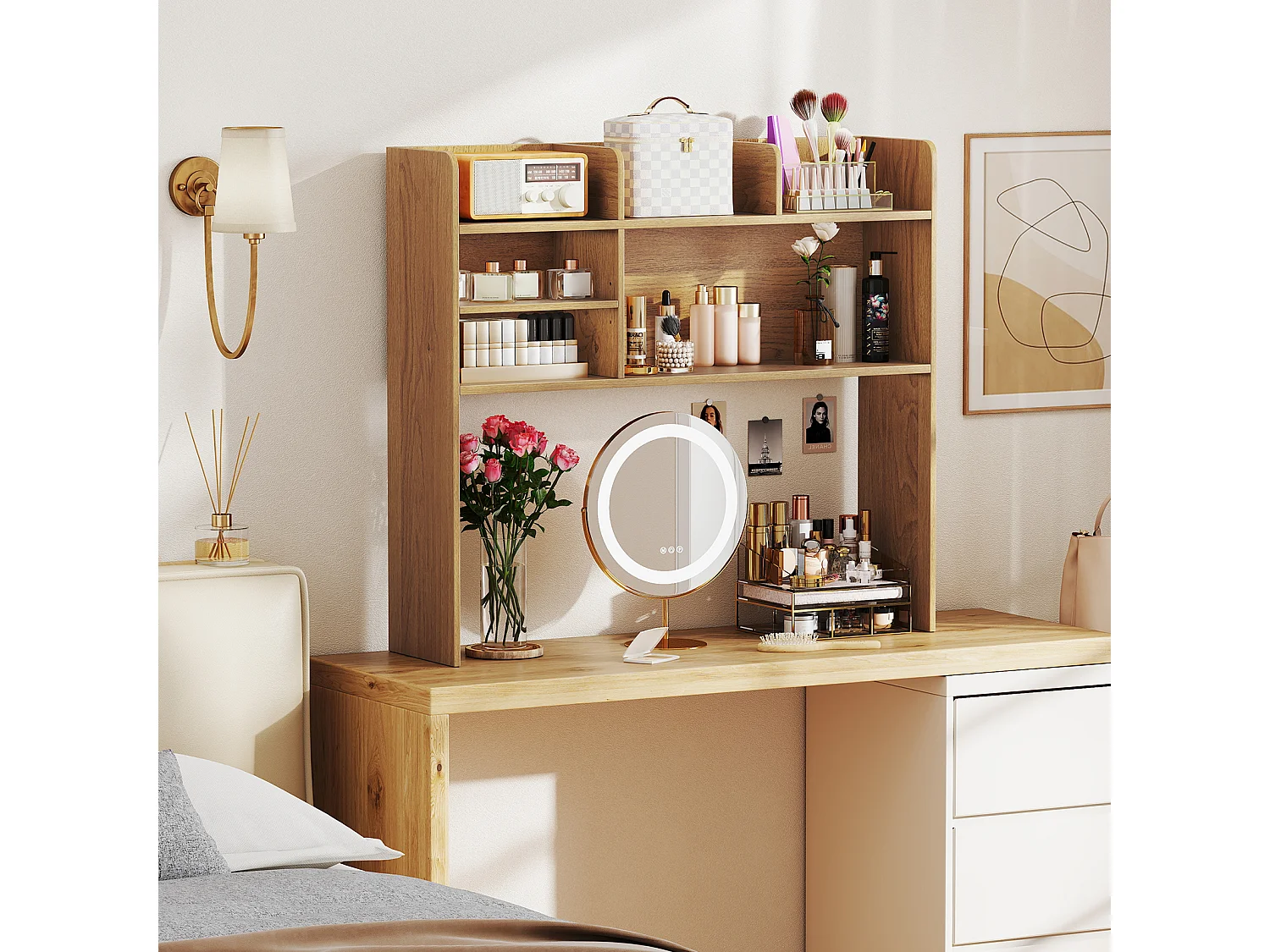 Schreibtisch Aufsatzregal Arbeitsplatten-Aufbewahrungsaufsatz mit 6 Regalen 3-stufiges Tischregal Rustikal Natur