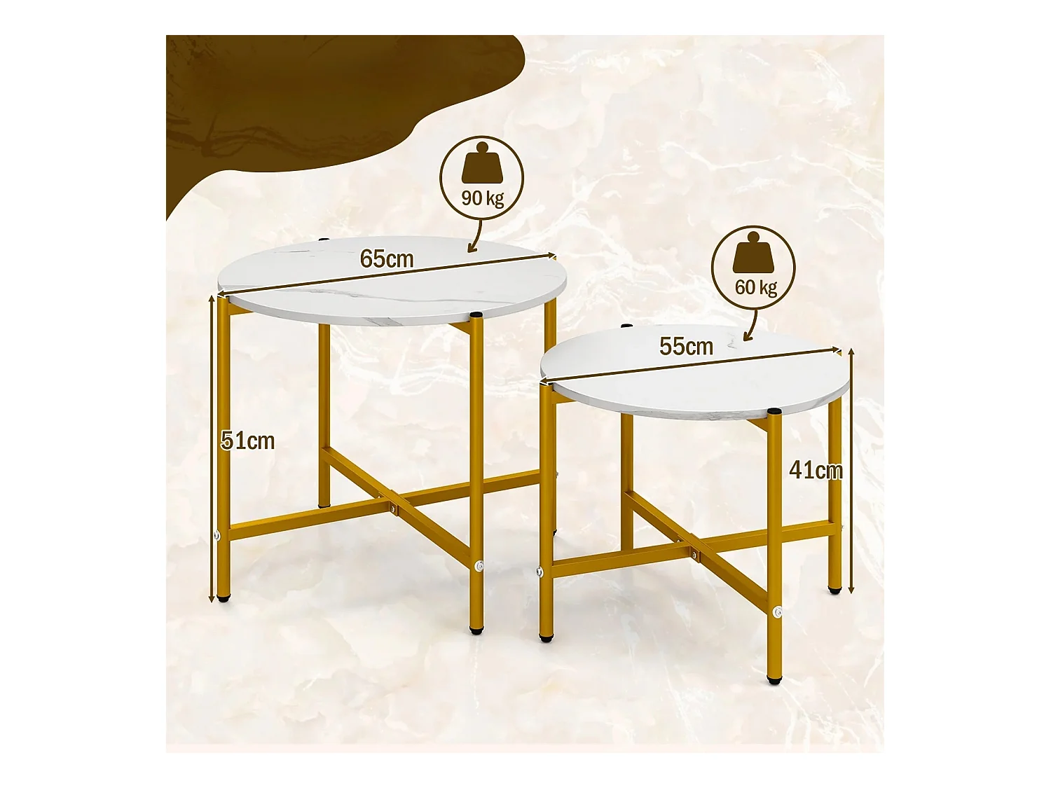 Set di tavolini da caffè rotondi da 2 pezzi con struttura in metallo robusta, Tavolini impilabili per soggiorno Bianco