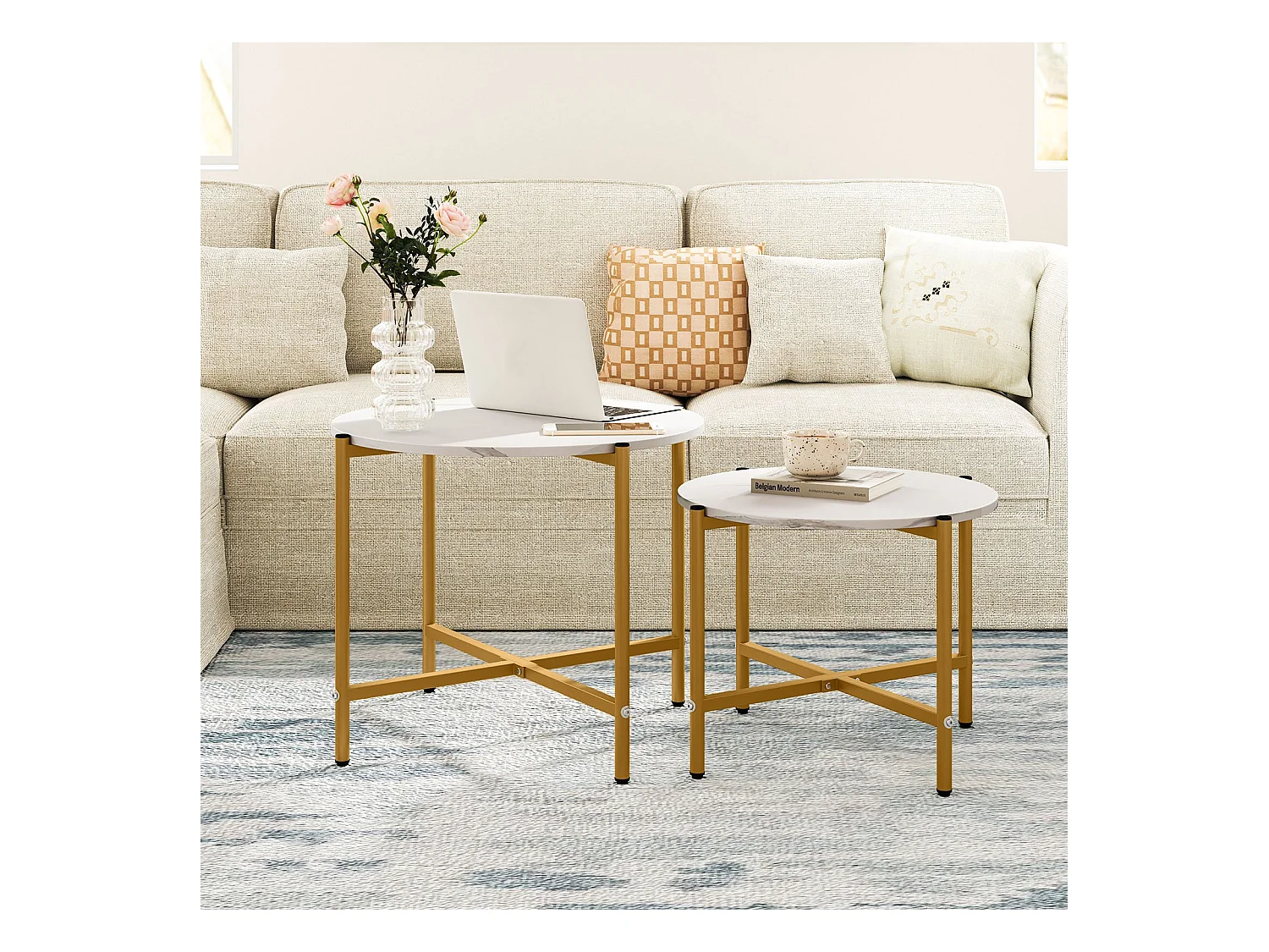 Set di tavolini da caffè rotondi da 2 pezzi con struttura in metallo robusta, Tavolini impilabili per soggiorno Bianco