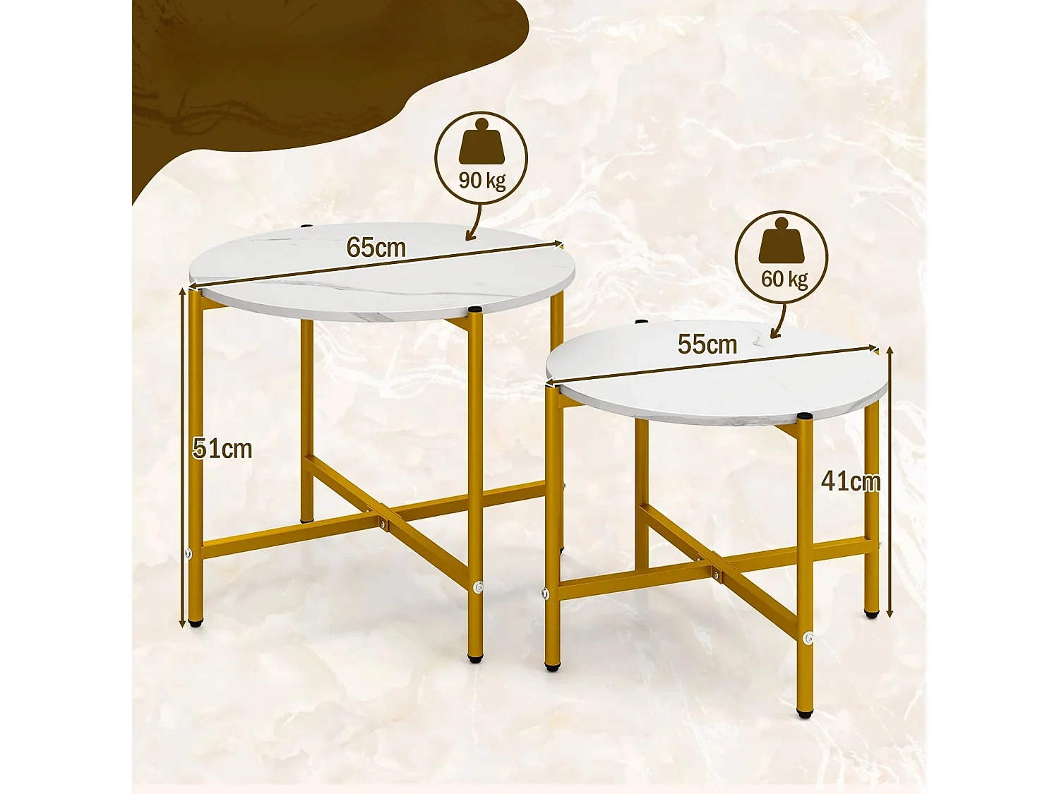 Set di tavolini da caffè rotondi da 2 pezzi con struttura in metallo robusta, Tavolini impilabili per soggiorno Bianco
