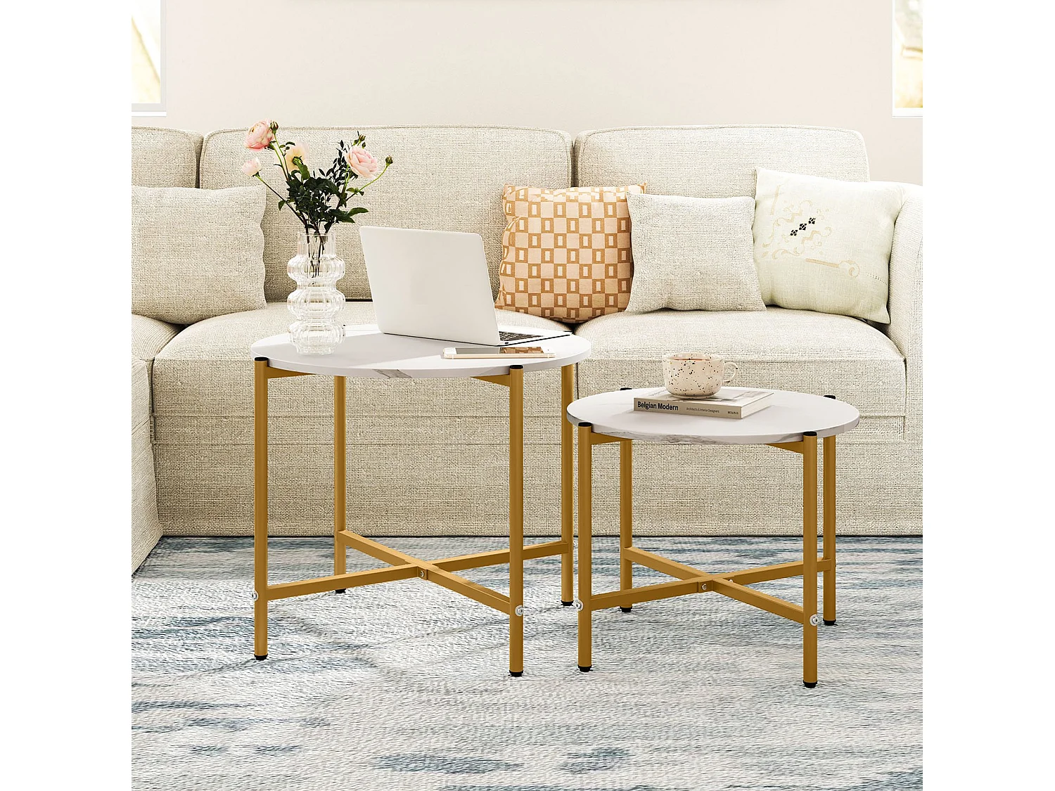 Set di tavolini da caffè rotondi da 2 pezzi con struttura in metallo robusta, Tavolini impilabili per soggiorno Bianco