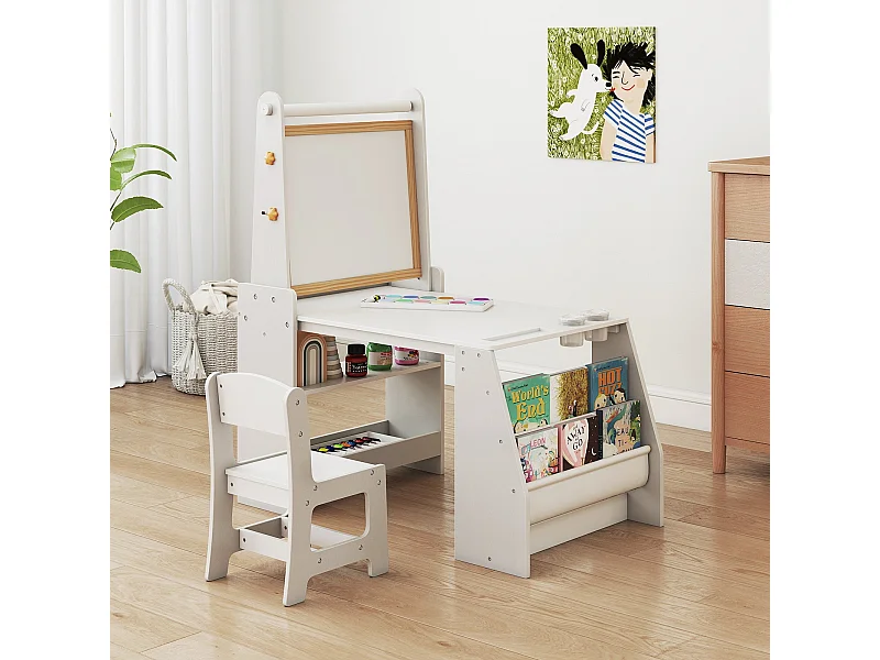 Ensemble table & chaise d'art pour enfants Table d'enfant avec chevalet & chaise Tableau blanc & tableau à craies Gris