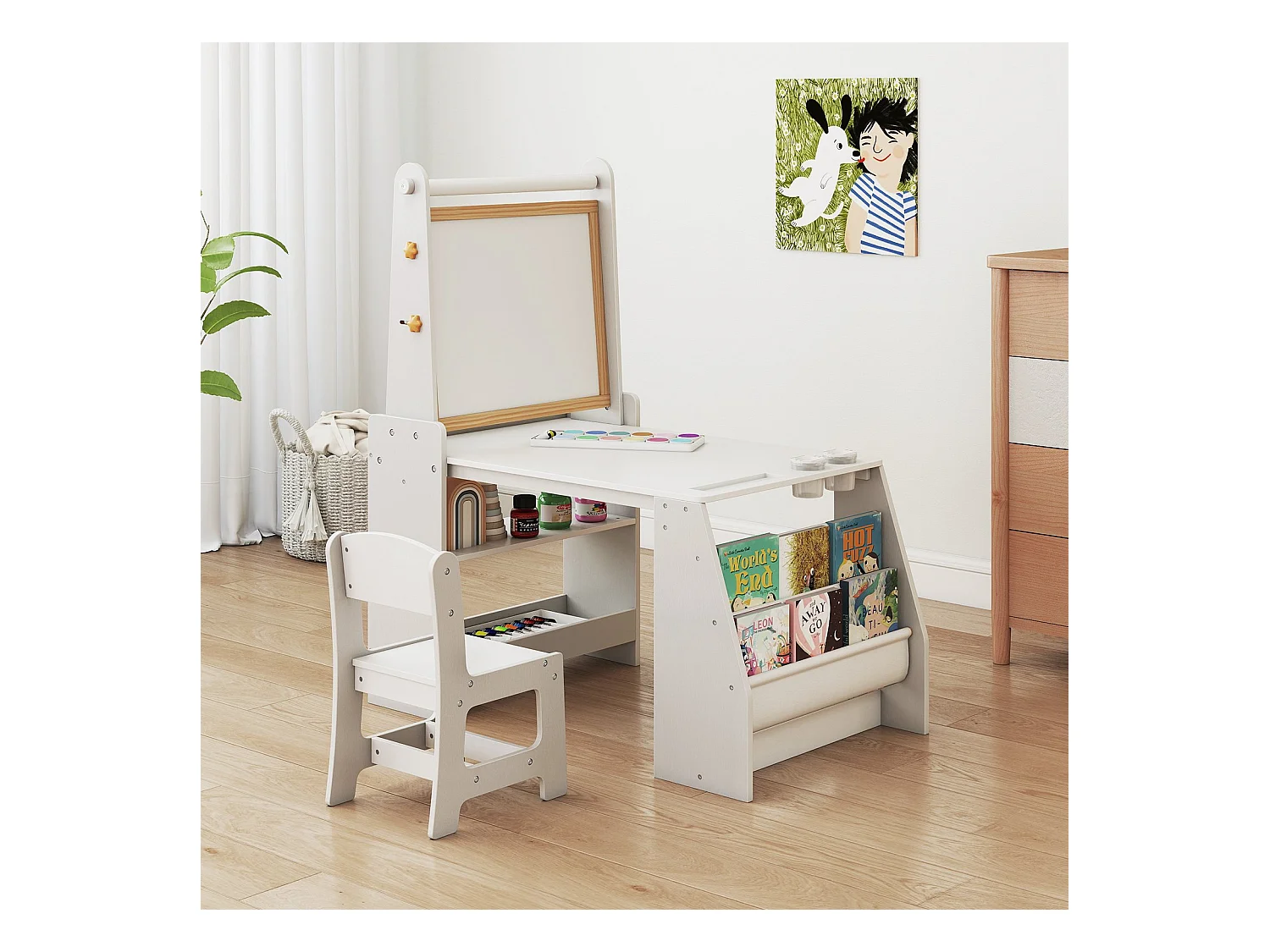 Ensemble table & chaise d'art pour enfants Table d'enfant avec chevalet & chaise Tableau blanc & tableau à craies Gris