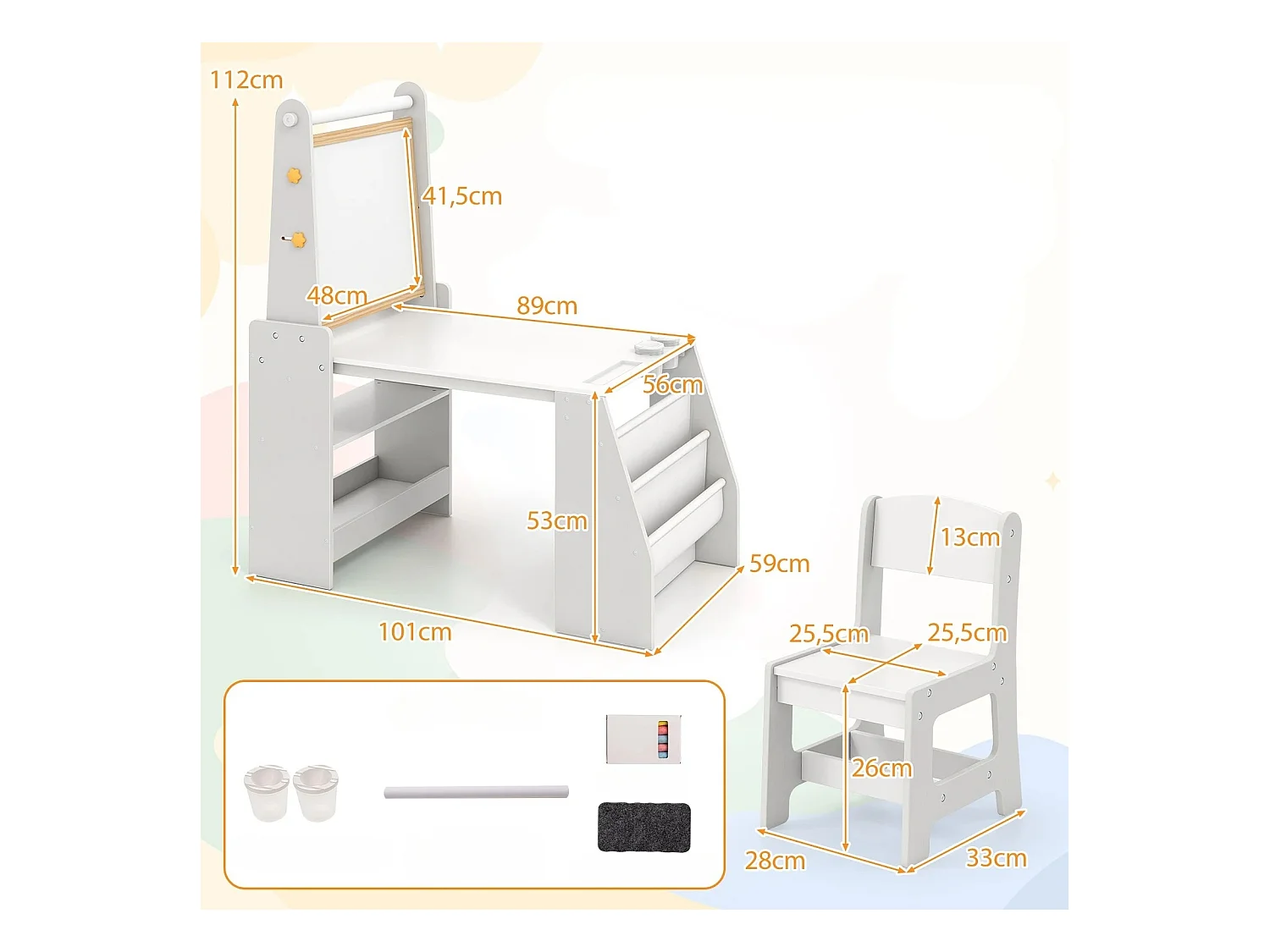 Ensemble table & chaise d'art pour enfants Table d'enfant avec chevalet & chaise Tableau blanc & tableau à craies Gris