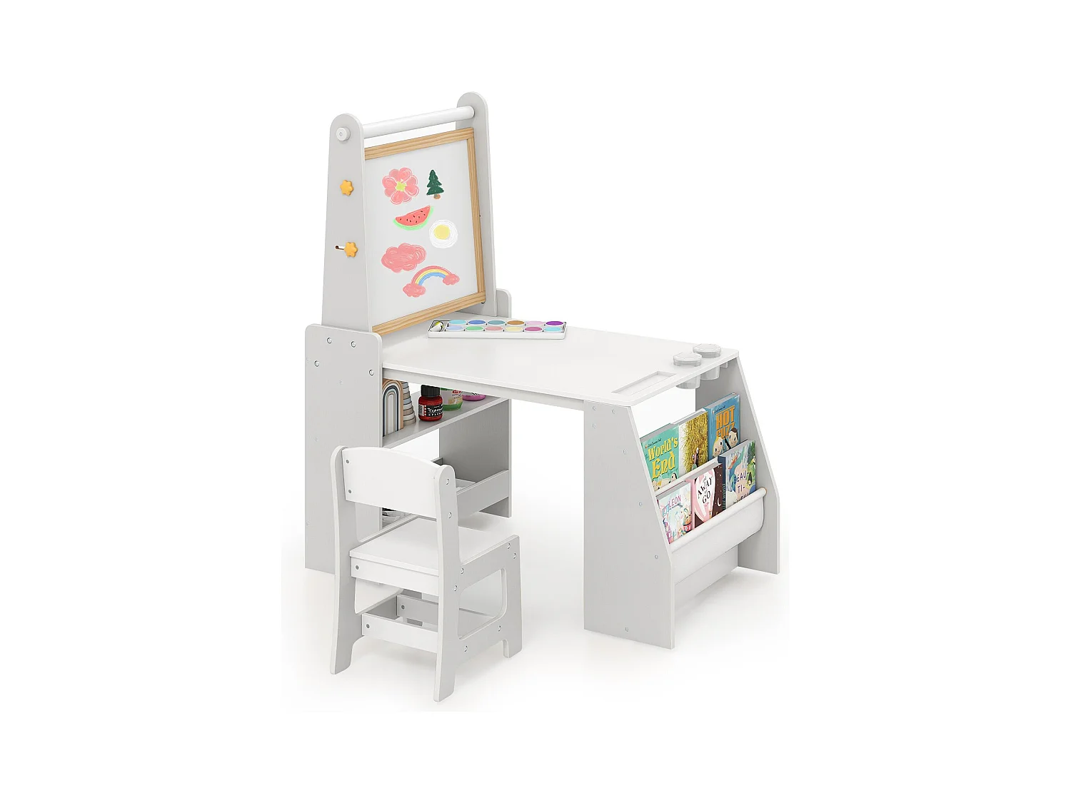 Ensemble table & chaise d'art pour enfants Table d'enfant avec chevalet & chaise Tableau blanc & tableau à craies Gris