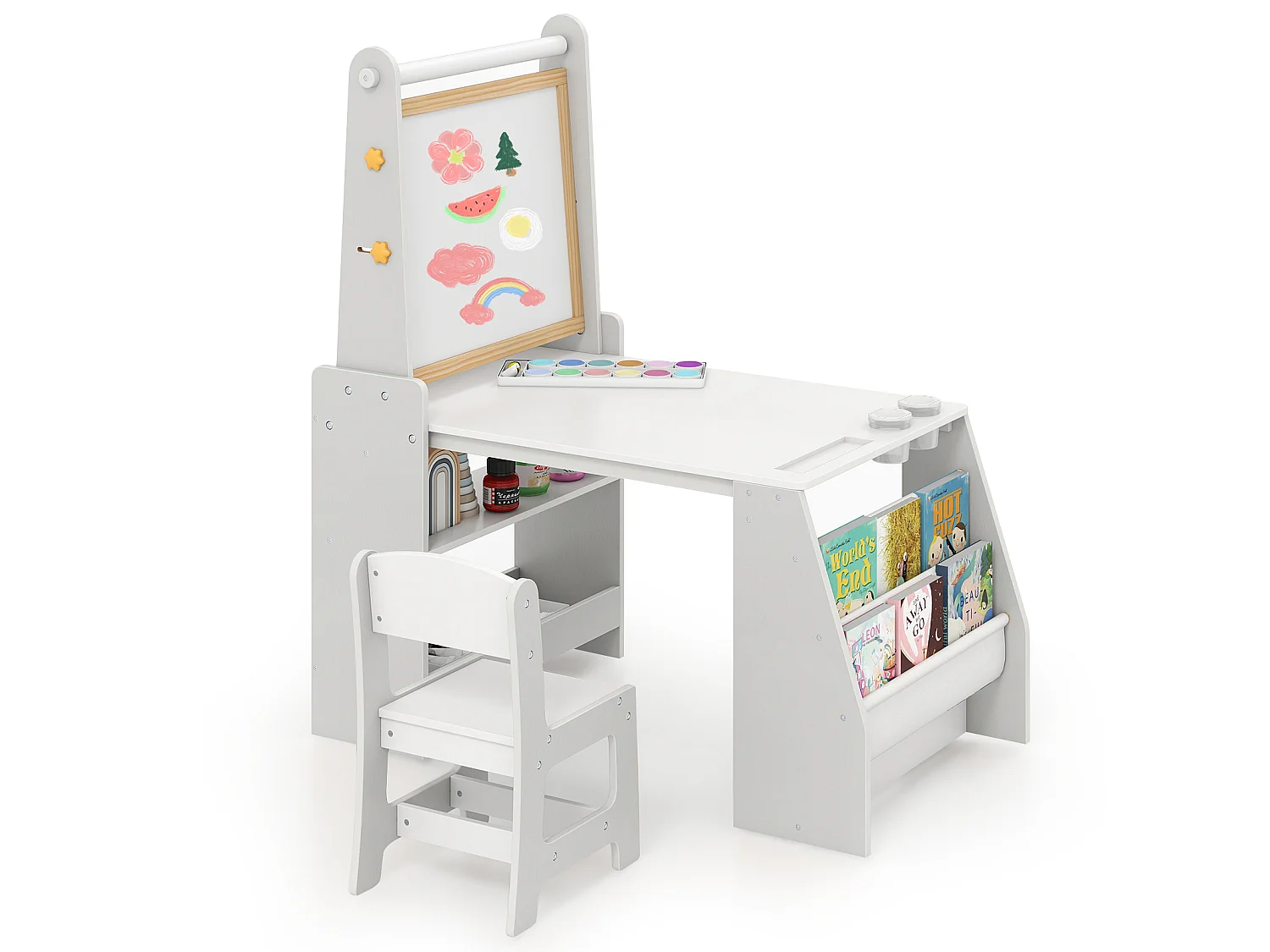 Kinderkunsttisch- & Stuhl-Set Kindertisch mit Staffelei & Stuhl Whiteboard & Kreidetafel Grau