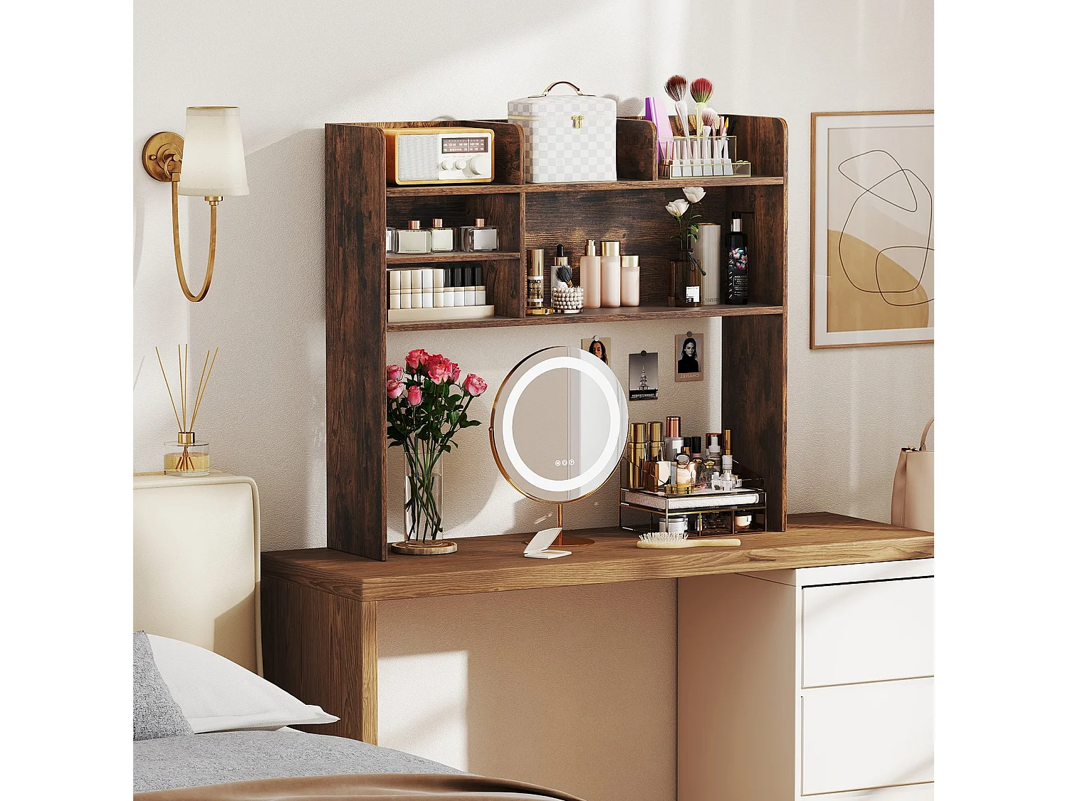 Schreibtisch Aufsatzregal Arbeitsplatten-Aufbewahrungsaufsatz mit 6 Regalen 3-stufiges Tischregal Rustikal Braun