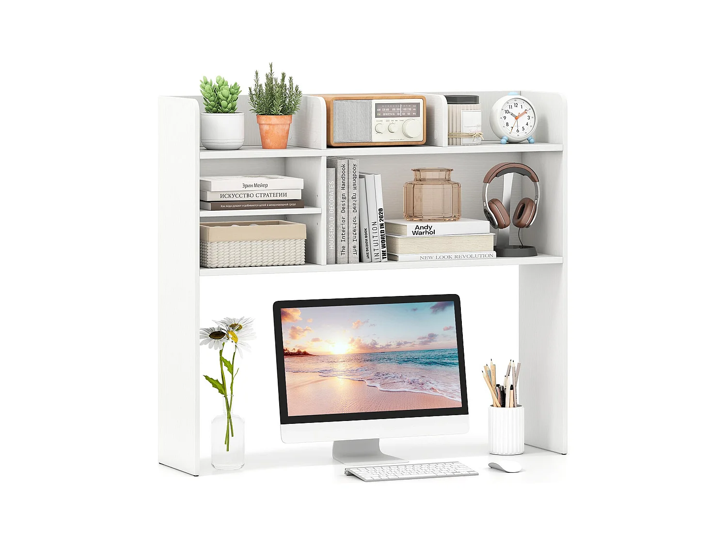 Schreibtisch Aufsatzregal Arbeitsplatten-Aufbewahrungsaufsatz mit 6 Regalen 3-stufiges Tischregal Weiß