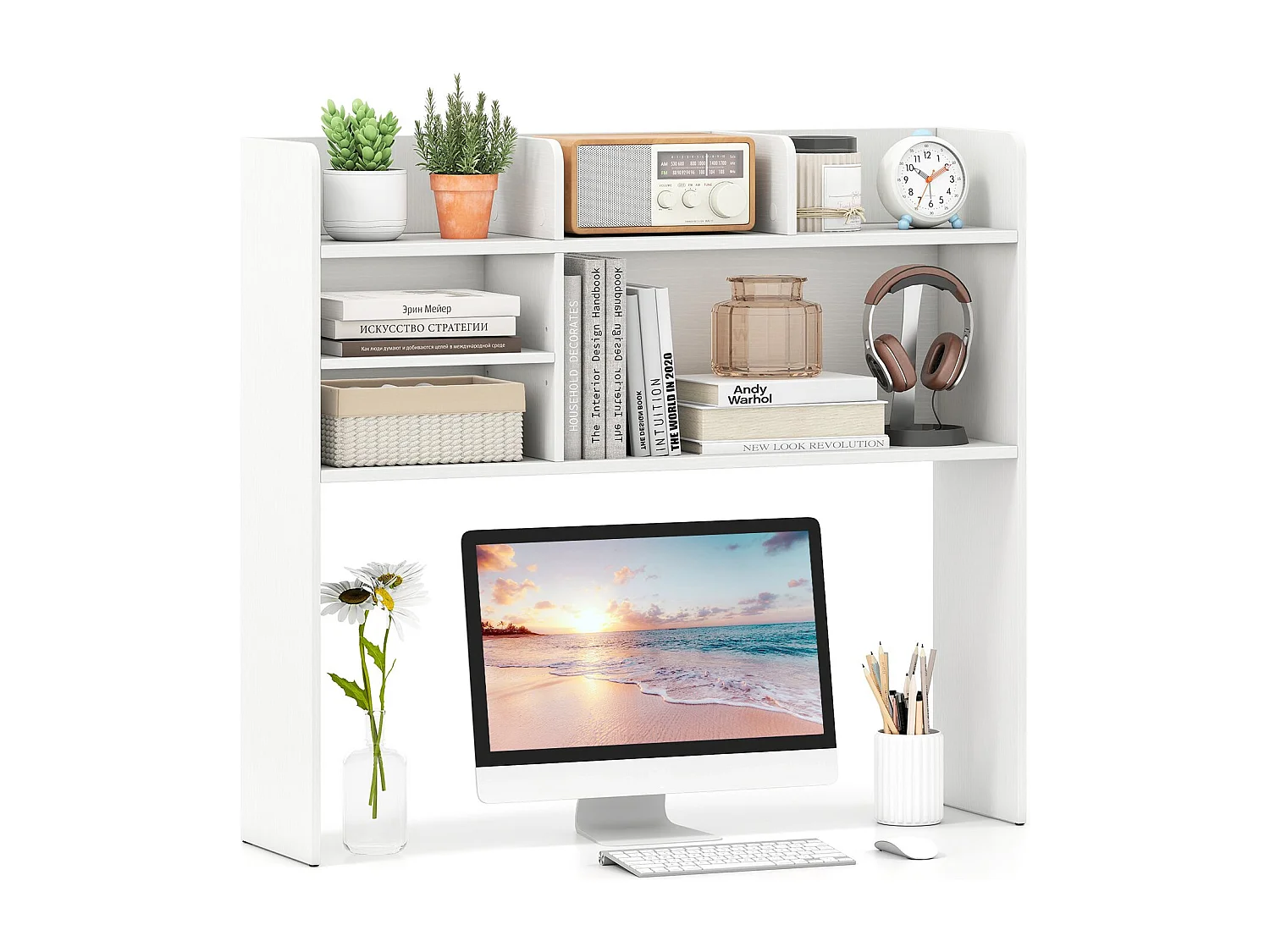 Étagère de Bureau Meuble de Rangement avec 6 Étagères Organisateur de Bureau à 3 Niveaux pour Ordinateur 94 x 24 x 85 cm Blanc