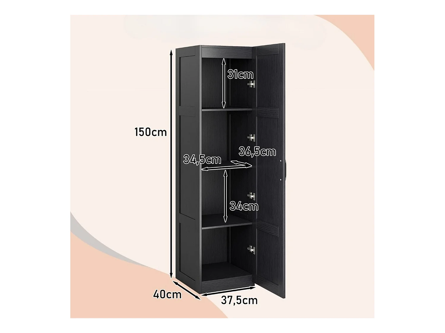 Armoire de rangement de 150 cm de haut autoportante à 4 niveaux avec porte Noir