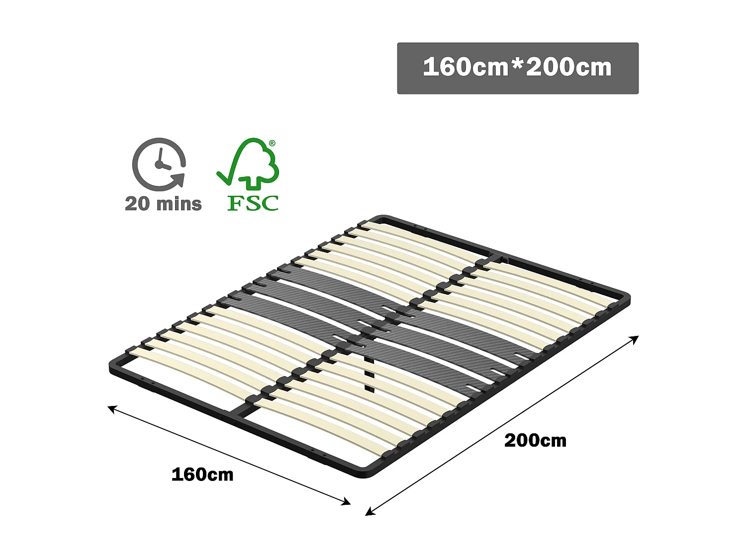 Cadre lattes 160x200 cm, 2x15 Lattes Peuplier Naturel