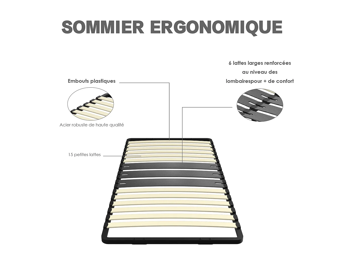 Cadre lattes 90x190 cm, 1x15 Lattes Peuplier Naturel