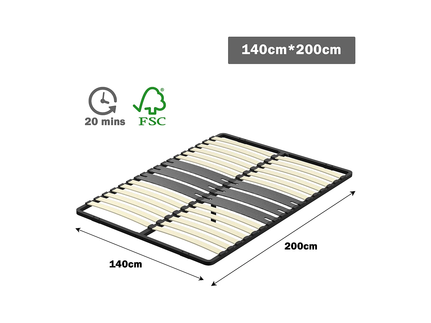 Cadre lattes 140x200 cm, 2x15 Lattes Peuplier Naturel