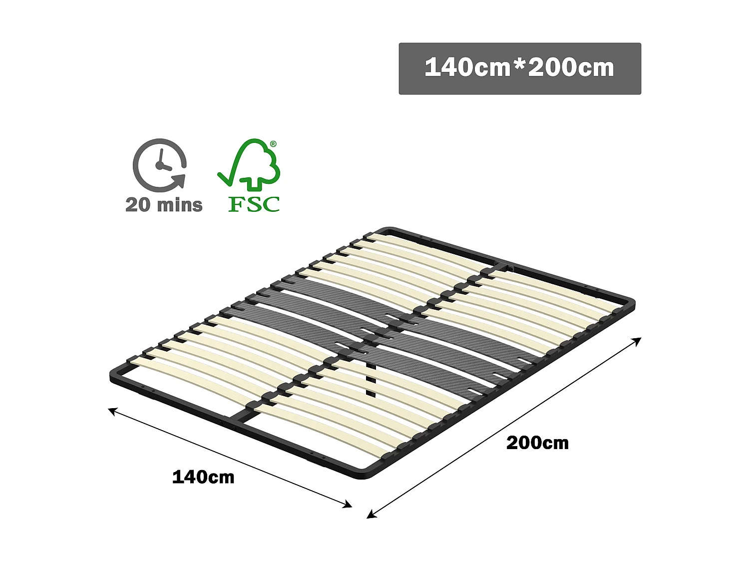 Cadre lattes 140x200 cm, 2x15 Lattes Peuplier Naturel