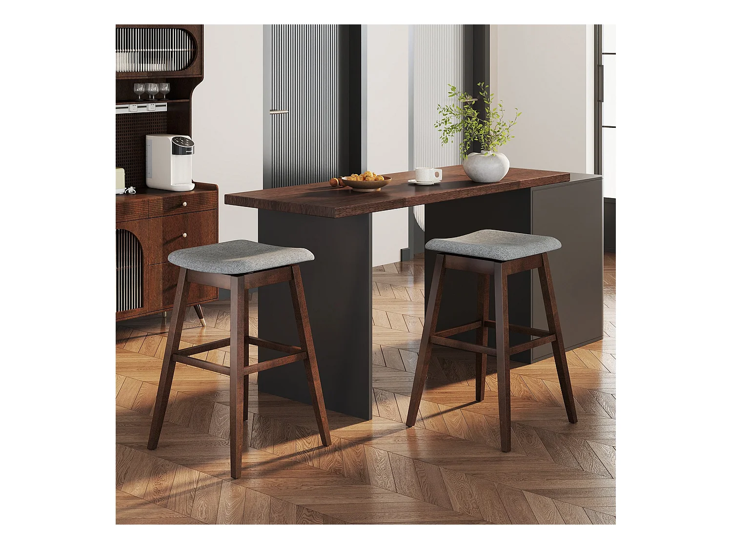 2er Set Barhocker mit Fußstütze 360° Drehbarer Thekenhocker Gepolsterter Bistrohocker