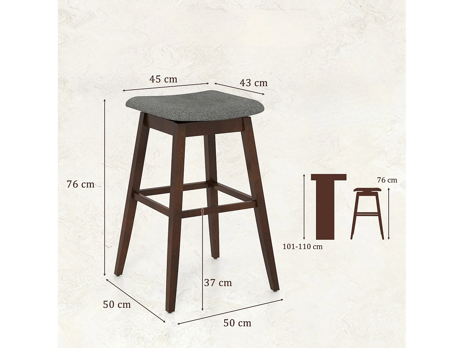 Ensemble de 2 Tabourets de Bar Pivotants Chaises de Bar avec Assise Rembourrée Profilée Repose-pieds et Pieds en Bois d'Hévéa Marron