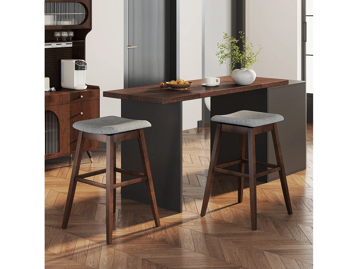 Ensemble de 2 Tabourets de Bar Pivotants Chaises de Bar avec Assise Rembourrée Profilée Repose-pieds et Pieds en Bois d'Hévéa Marron