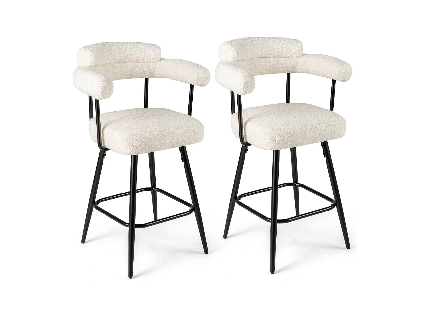 Sedie moderne imbottite in boucle con gambe in metallo e poggiapiedi per isola cucina, Set di 2 sgabelli da bar girevoli Bianco