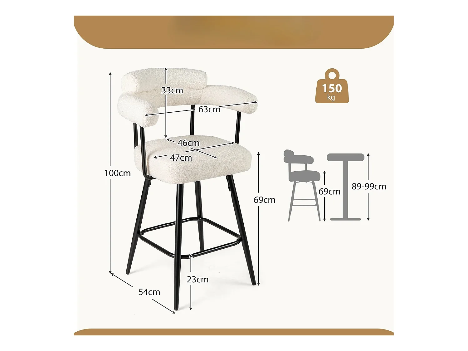 Sedie moderne imbottite in boucle con gambe in metallo e poggiapiedi per isola cucina, Set di 2 sgabelli da bar girevoli Bianco